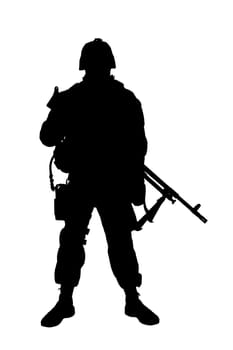 Studio shoot of army, marine machine gunner in camouflage combat uniform and body armor, standing with machine gun, silhouette isolated on white
