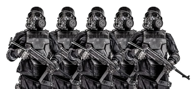 Line of futuristic nazi soldiers in gas mask and steel helmet with schmeisser handgun isolated on white studio shot half length portrait