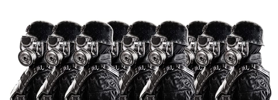Line of futuristic nazi soldier gas mask and steel helmet isolated on white studio shot closeup portrait