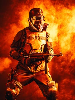 Futuristic nazi soldier in fire and smoke gas mask and steel helmet with schmeisser handgun