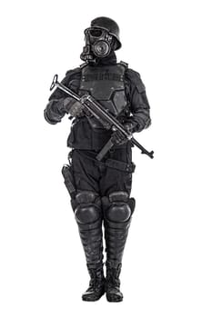Futuristic nazi soldier gas mask and steel helmet with schmeisser handgun isolated on white studio shot standing to attention