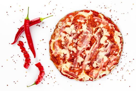 Pizza salami with red peppers, chili on white background