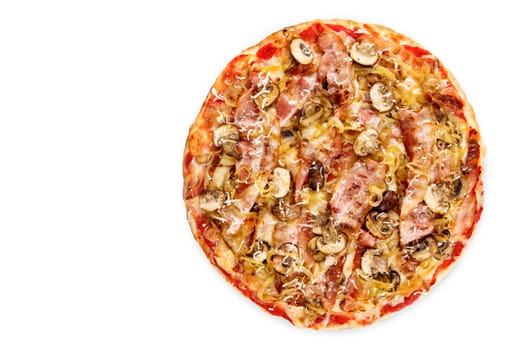 Pizza pancetta top view, garnished with mushrooms, mozzarella and its ingredients on white background, view from above