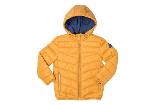 Childrens winter jacket. Stylish childrens yellow warm down jacket isolated on white background. Winter fashion.