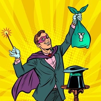 Magician with yen money. Pop art retro vector illustration vintage kitsch