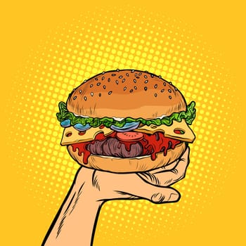 Burger on hand. fast food. Pop art retro vector illustration vintage kitsch