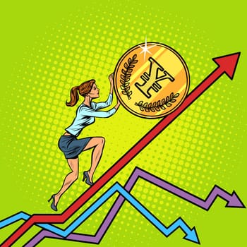 woman businesswoman roll a yen coin up. Pop art retro vector illustration vintage kitsch