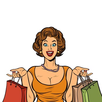 woman shopping on sale. Isolate on white background. Pop art retro vector illustration vintage kitsch