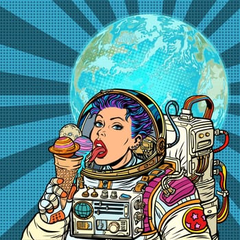 Woman astronaut eats planets of the solar system, like ice cream. Humanity and cosmic dreams concept. Pop art retro vector illustration vintage kitsch