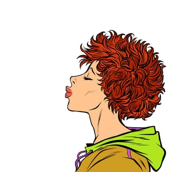 woman kiss, profile view. Pop art retro vector illustration. Girls 80s