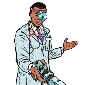 african doctor surgeon handshake. robot prosthesis. Pop art retro vector illustration kitsch vintage