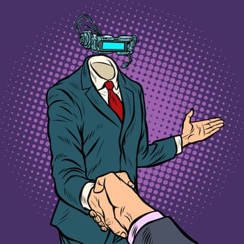 businessman shaking hands in virtual reality, a template without a head. Pop art retro vector illustration