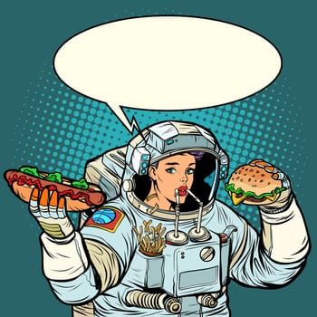 Woman astronaut eats. Cola, hot dog and Burger fast food. Pop art retro vector illustration kitsch vintage