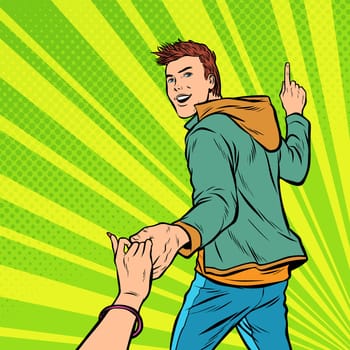 follow me. young man leads a girl. Pop art retro vector illustration kitsch vintage