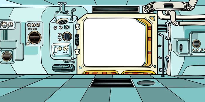 Navigator cabin of the spacecraft. Pop art retro vector illustration kitsch vintage