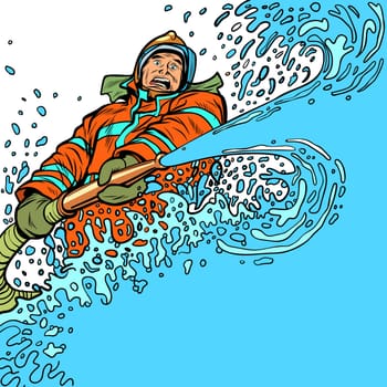firefighter puts out fire with water from a fire engine. Pop art retro vector illustration vintage kitsch