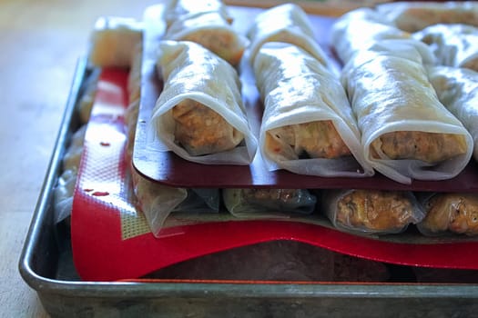 Layers of gluten free spring rolls made at home.
