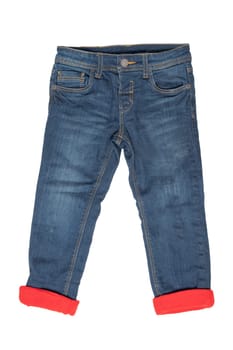 Fashionable lined Thermojeans. Trendy warm stretch blue jeans trousers isolated on white background. Fashionable jeans for child boy. Winter jeans fashion.