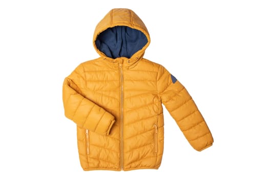Childrens winter jacket. Stylish childrens yellow warm down jacket isolated on white background. Winter fashion.