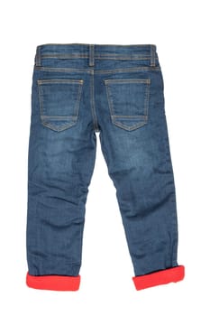 Fashionable lined Thermojeans. Trendy warm stretch blue jeans trousers isolated on white background. Fashionable jeans for child boy. Winter jeans fashion.