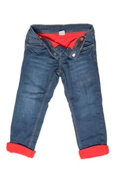 Fashionable lined Thermojeans. Trendy warm stretch blue jeans trousers isolated on white background. Fashionable jeans for child boy. Winter jeans fashion.