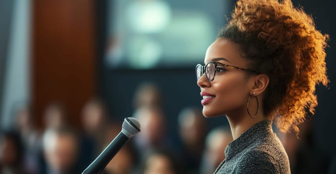 Confident motivational speaker woman with glasses speaking to an audience at business conference, or seminar, official meeting