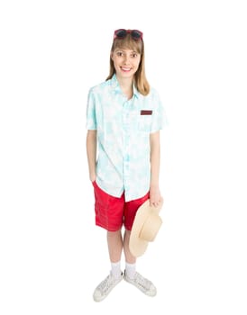 Happy lady tourist in blue shirt red shorts sunglasses and straw hat with passport. Girl going to travel. Isolated on white background. Interesting trip on summer vacation.