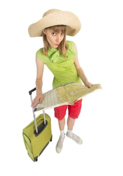 Surprised lady tourist in red shorts and green blouse with big suitcase to travel. Isolated on white background. Interesting trip on summer vacation. Woman lost way and find route by map.