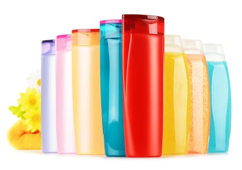 Composition with plastic bottles of body care and beauty products