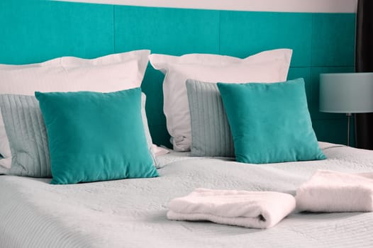 Double bed in hotel room. Accommodation