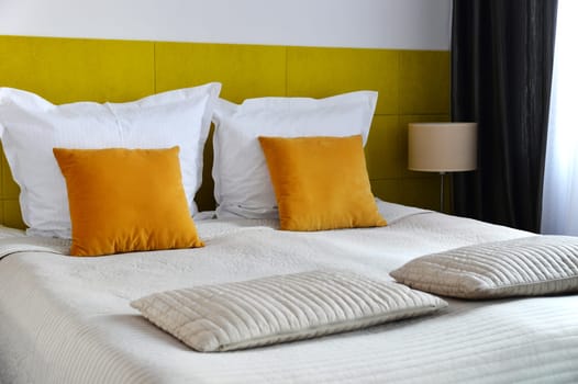 Double bed in hotel room. Accommodation