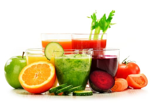Glasses with fresh organic vegetable and fruit juices isolated on white. Detox diet.