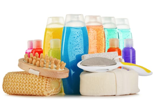 Composition with plastic bottles of body care and beauty products