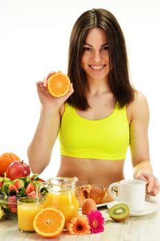 Young woman having breakfast. Balanced diet.