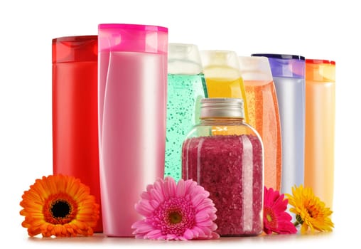 Composition with plastic bottles of body care and beauty products