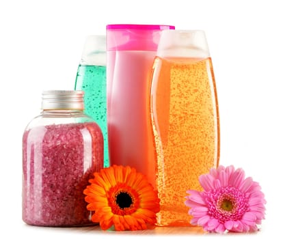 Composition with plastic bottles of body care and beauty products
