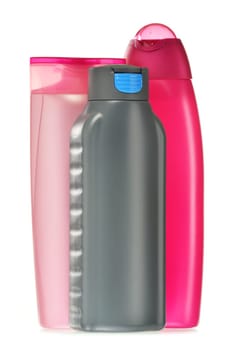 Composition with plastic bottles of body care and beauty products.
