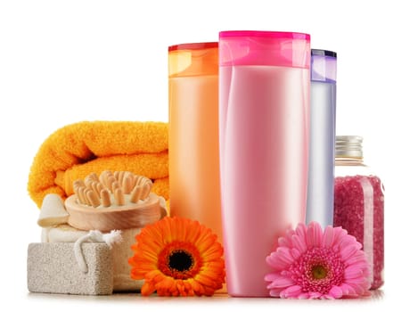 Composition with plastic bottles of body care and beauty products
