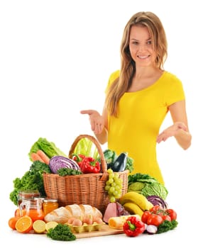 Variety of organic grocery products isolated on white