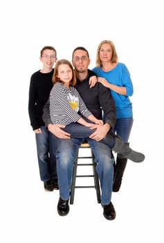 A family of four people, mom dad daughter and so, standing isolated.for white background..