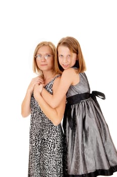 Mother and daughter standing isolated for white background, the.daughter hugging her mom..