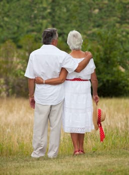 Outdoor photo of mature couple standing, facing away from camera.