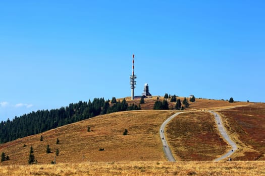 Feldberg Black Forest / Germany - 09 22 2018: Feldberg is a mountain peak in the Black Forest with TV tower.
