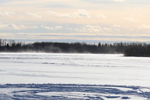Blowing and Drifting Snow Across an Open Lake.