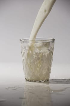 pouring milk in a glass isolated against white background