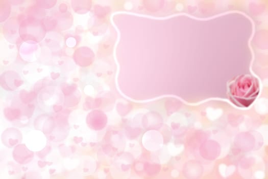 Abstract festive blur bright pink pastel background with a frame and white pink hearts bokeh made for valentine or wedding card. Space for design. Card concept.