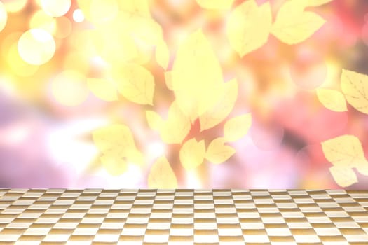 Empty table top autumn background. Empty wooden bright table top in front of beautiful abstract golden autumn background. Template for product display montage. Space.