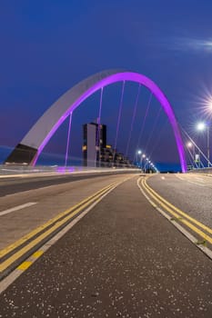 Clyde Arc Bridge along River Clyde Sunset twilight at Glasgow city Scotland UK.
