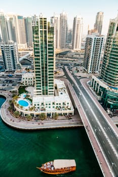 Panoramic view of Dubai Marina in UAE in the evening