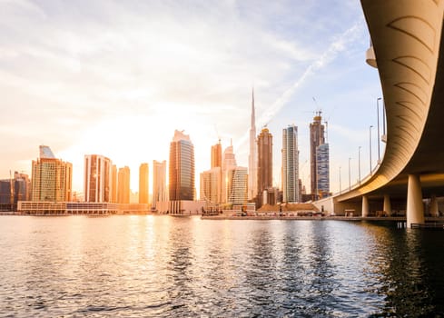Scenic view of skyline of Dubai's downtown at sunset